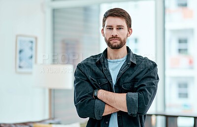 Buy stock photo Man portrait, creative and employee with arms crossed in office, copywriter and proud of career. Male person, confident manager and ready for consultation of writing service, startup and workplace