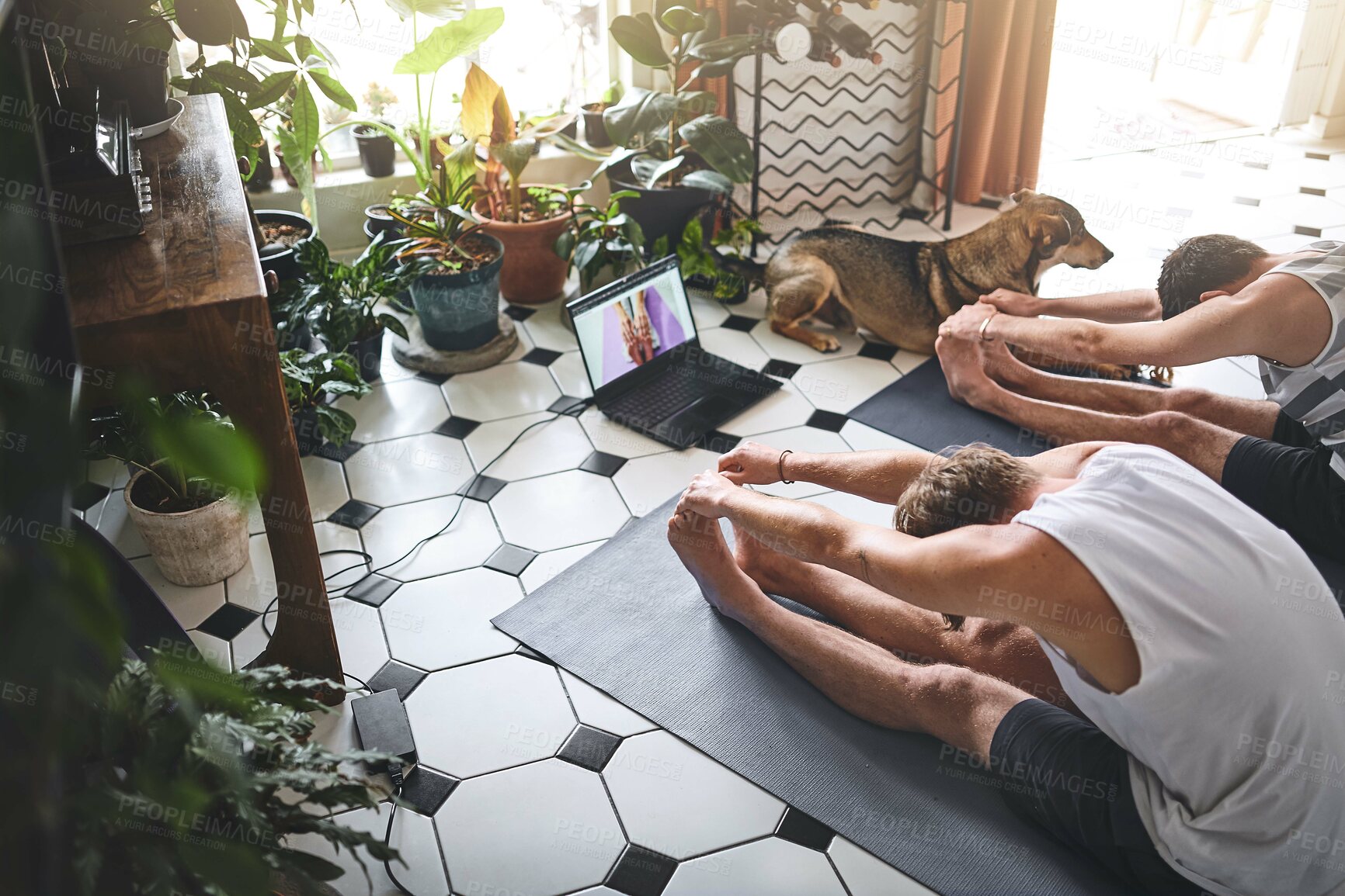 Buy stock photo Men, fitness and stretching with laptop screen for online class, streaming or yoga tutorial on floor at home. Male people, friends and pilates with computer for healthy guide, tips or exercise on mat