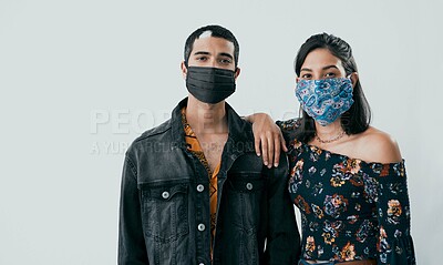 Buy stock photo Portrait, studio and couple with mask for health, covid and safety on white background. Face, confident man and woman with ppe for medical protection, virus and flu prevention for wellness in Mexico