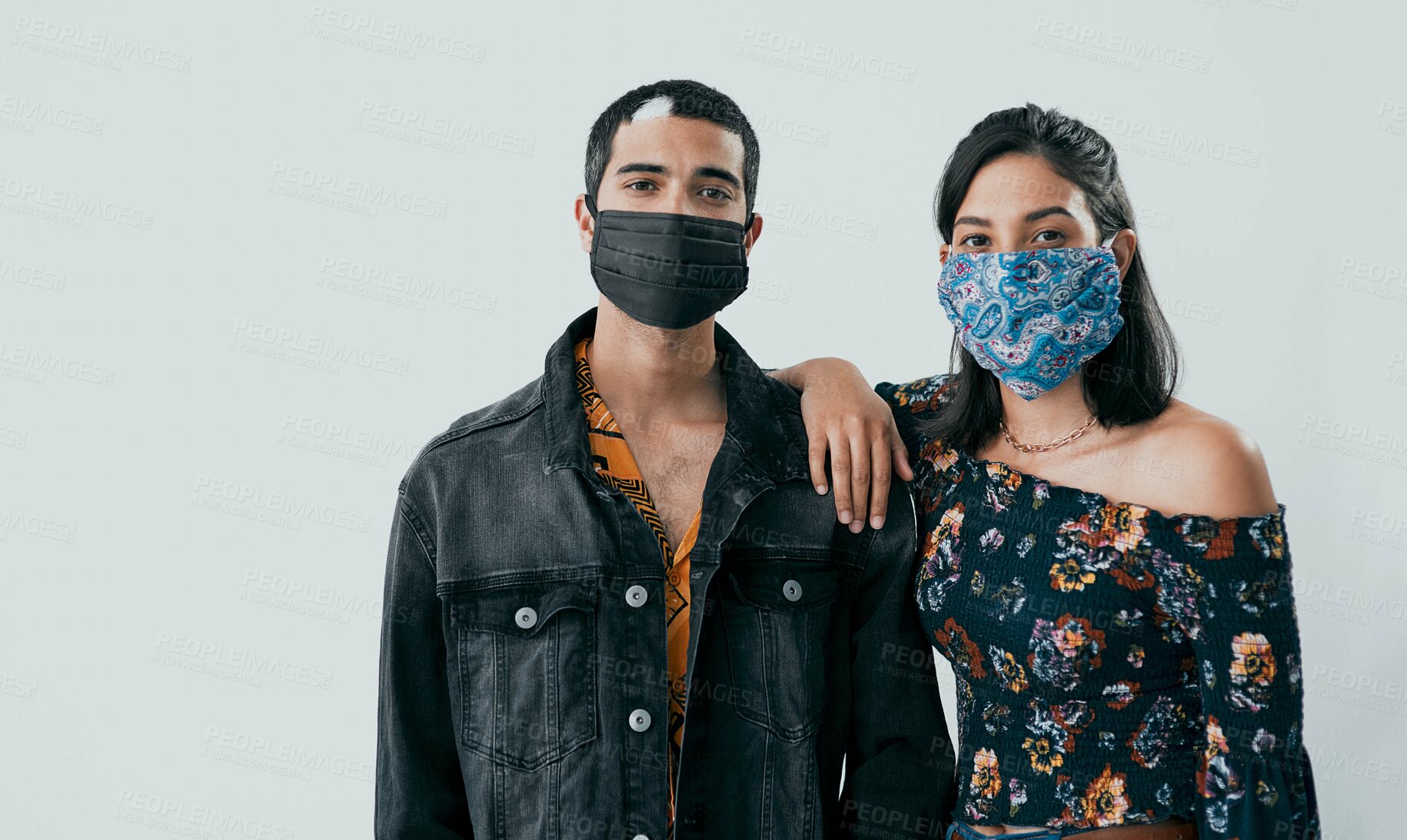 Buy stock photo Portrait, studio and couple with mask for health, covid and safety on white background. Face, confident man and woman with ppe for medical protection, virus and flu prevention for wellness in Mexico