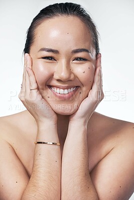 Buy stock photo Confidence, portrait or happy woman with glow, tattoo or studio for natural beauty, cosmetics or facial results. Face, skincare and girl with smile for dermatology, spa and shine on white background