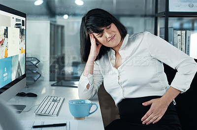 Buy stock photo Depression, headache and pregnant woman with pain in office with burnout, tension and pain. Pregnancy, migraine and hr manager with stress, low energy or anxiety in workplace for business project