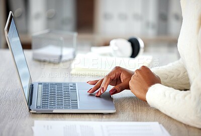 Buy stock photo Typing, hand and research on laptop, writing and notebook for online or distance learning. Computer, technology and internet or email and planning, student and virtual course for exam or assignment 