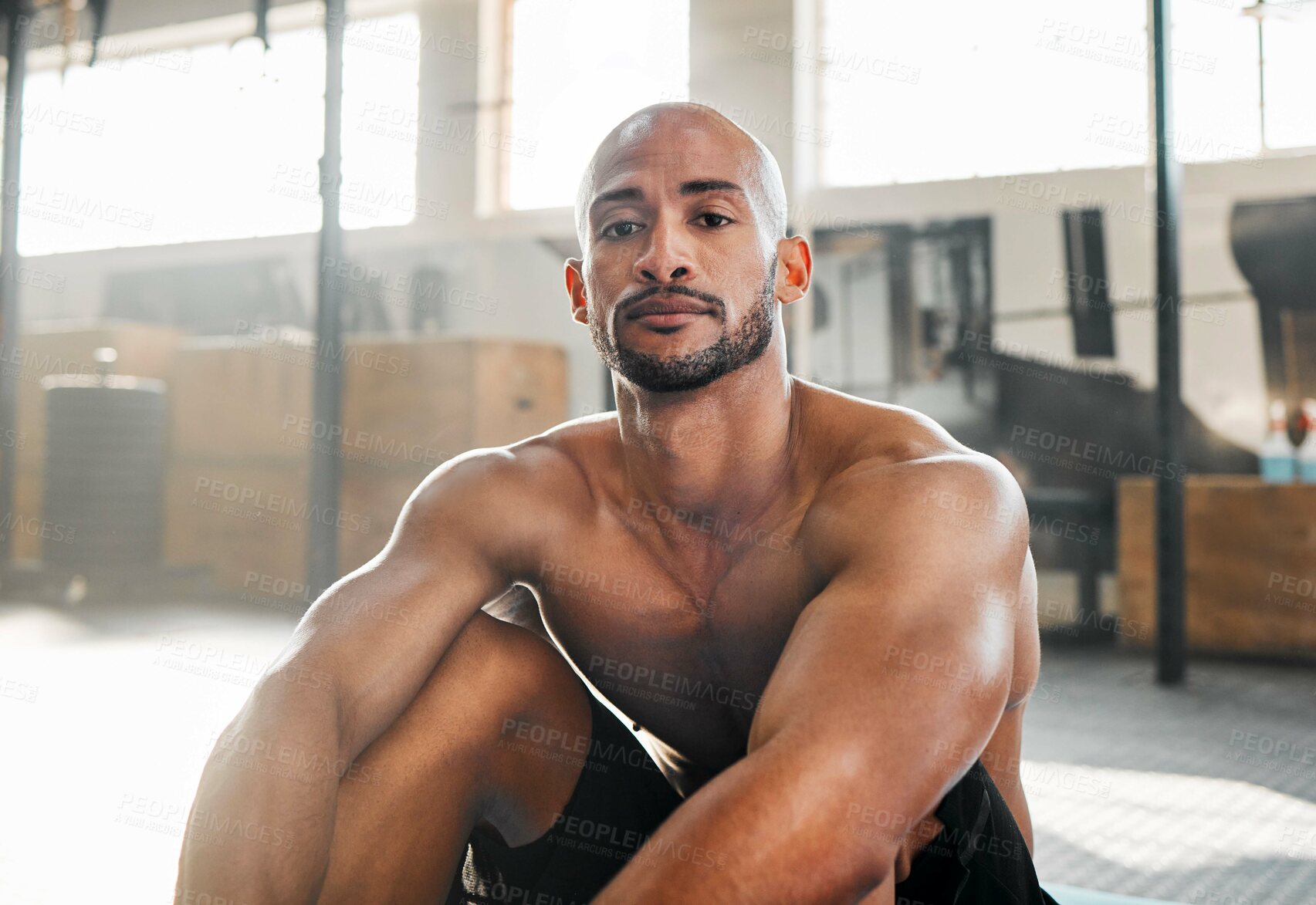 Buy stock photo Man, bodybuilder and fitness portrait in gym for exercise break, resting and relax with workout challenge. Athlete, person and strong muscles at sports center from bodybuilding, training and topless