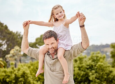 Buy stock photo Happy, shoulder carrying and dad with child, portrait and bonding with daughter, smile or nature. Sky, outdoor and father with girl, break and parent with kid in environment, park or family in Canada