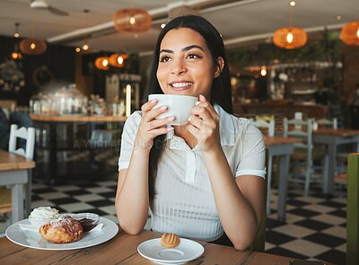 Buy stock photo Woman, happy and thinking with coffee cup at cafe, breakfast and start morning with inspiration. Person, drink and smile for gratitude with memory, perspective or reflection with food at restaurant