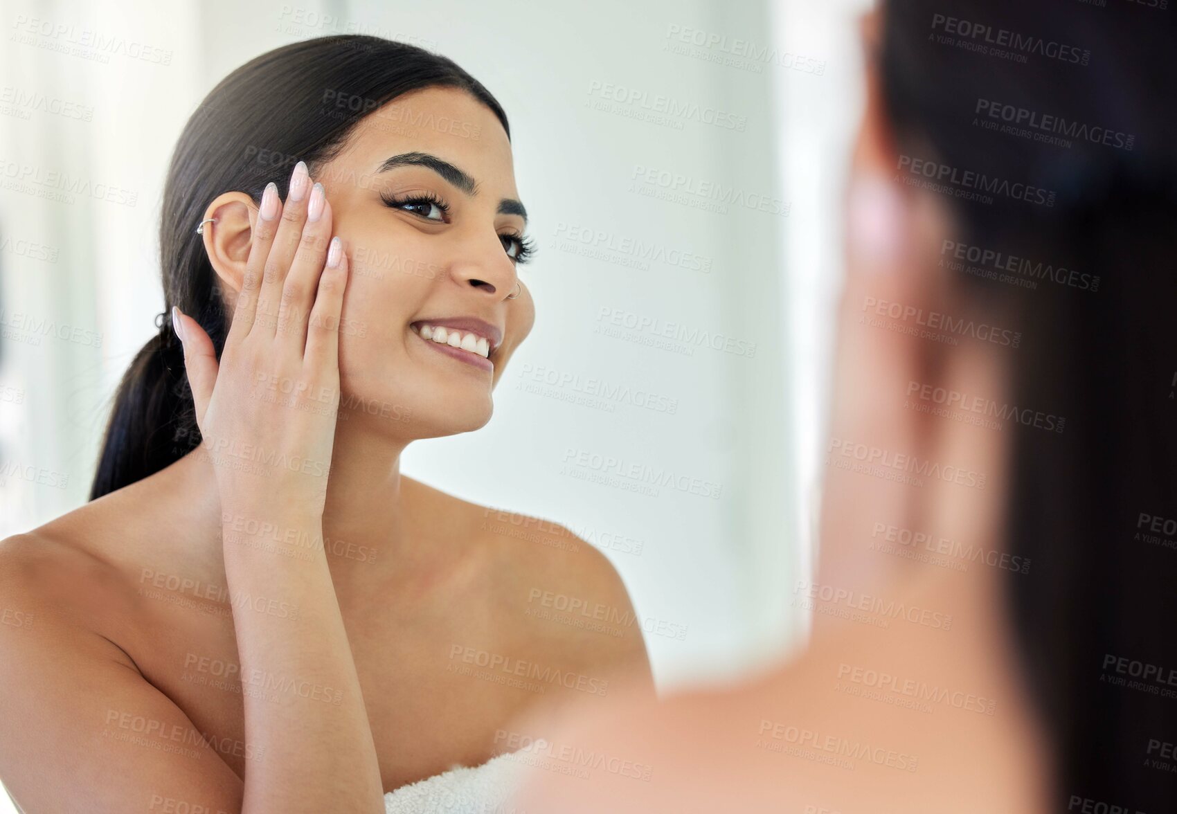 Buy stock photo Beauty, mirror and smile with face of woman in bathroom of home for morning skincare routine. Cleaning, hygiene and wellness with reflection of happy person in apartment for facial dermatology