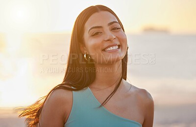 Buy stock photo Woman, beach and portrait from holiday, sunset and summer break with travel and relax outdoor. Nature, smile and sea with trip by ocean on vacation in Miami with weekend, happy and seaside sun