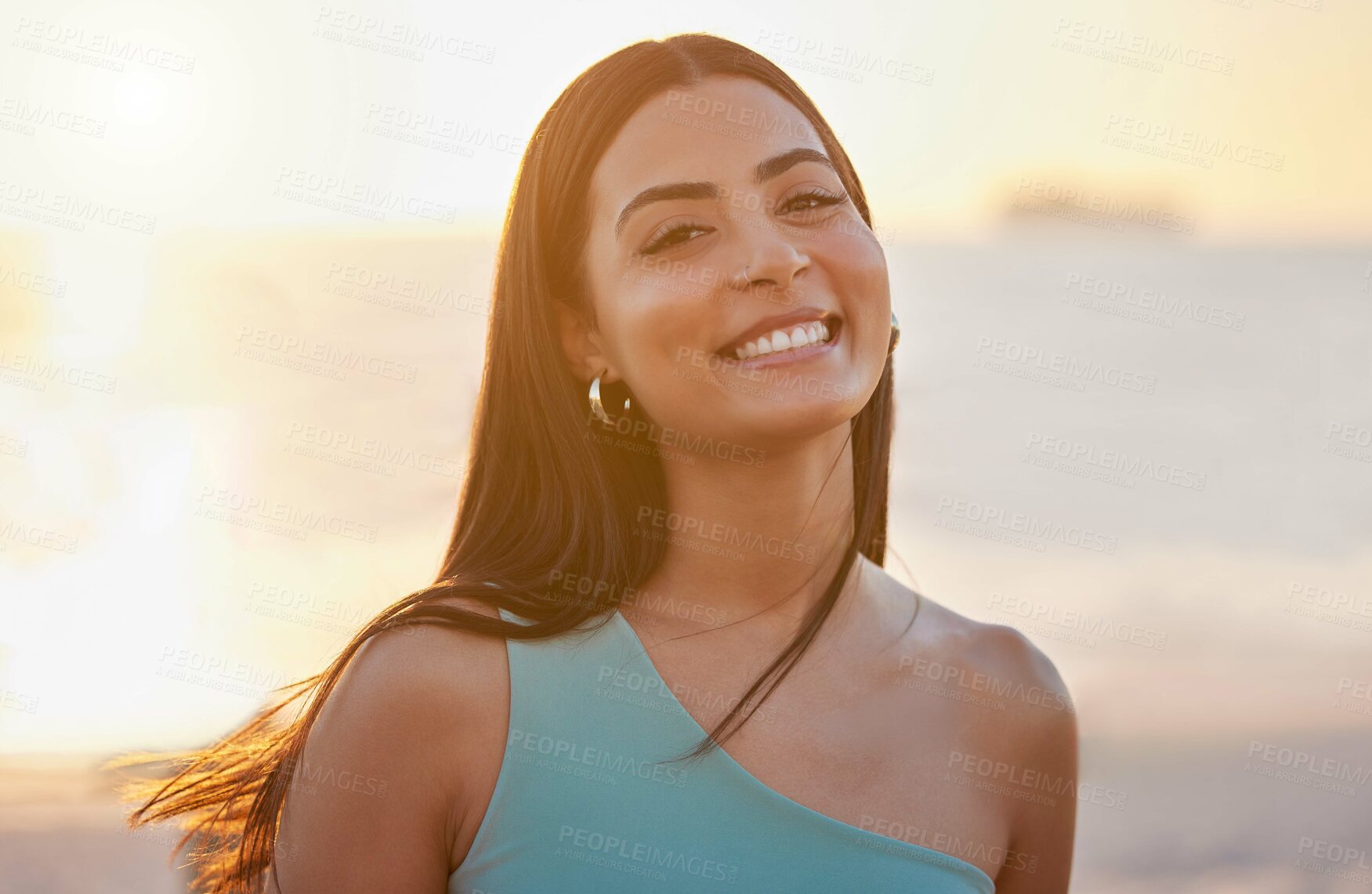 Buy stock photo Woman, beach and portrait from holiday, sunset and summer break with travel and relax outdoor. Nature, smile and sea with trip by ocean on vacation in Miami with weekend, happy and seaside sun