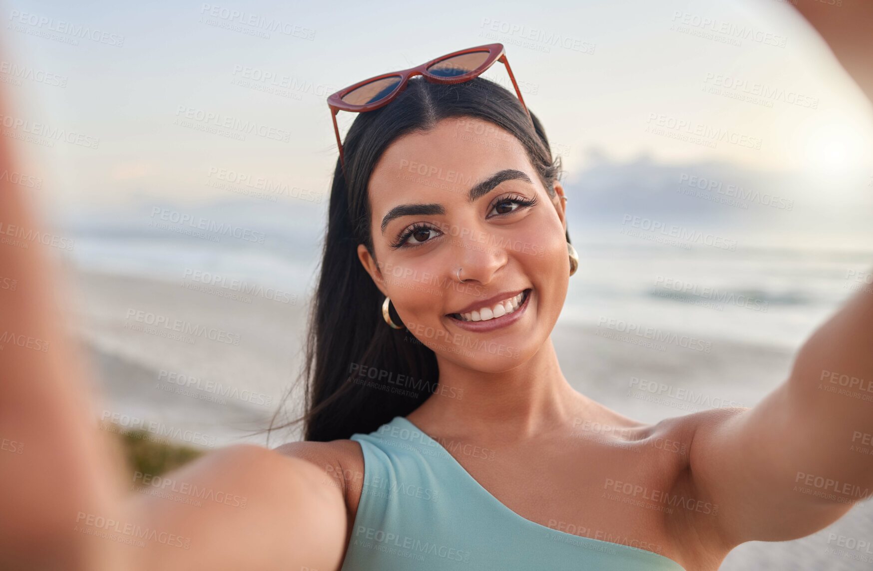 Buy stock photo Woman, beach and selfie on vacation, profile picture and summer break with travel and social media outdoor. Influencer, smile and sea with trip by ocean on holiday in Miami on weekend with web post