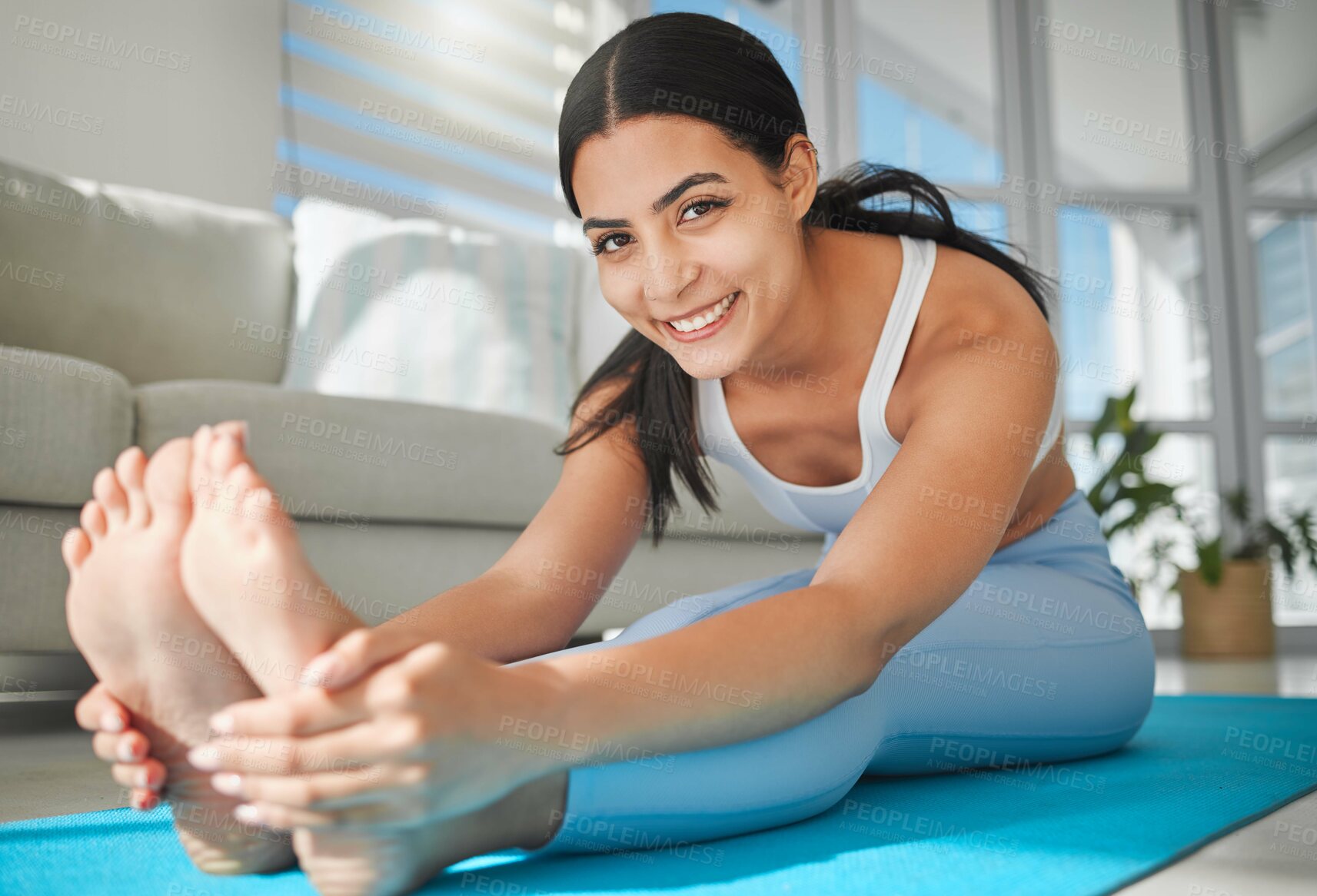 Buy stock photo Yoga, stretching and portrait with woman in living room for health, fitness and mindfulness workout. Wellness exercise, strong and warm up with person and home gym for pilates, calm and balance