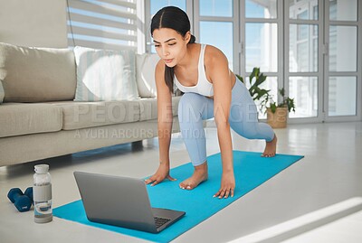 Buy stock photo Laptop, lunge and fitness with woman in living room for health, balance and online workout. Wellness exercise, strong and virtual class with person and home gym for streaming, body and training