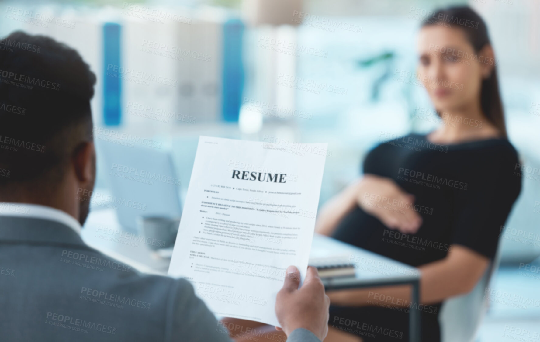 Buy stock photo Man, resume and job interview in office with human resources manager for onboarding at company. Lawyer, cv and hr meeting with boss or executive at law firm for recruitment, hiring and work contract