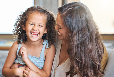 Buy stock photo Laugh, portrait and mom on sofa with child for morning bonding, growth and support in happy family home. Love, mother and daughter on couch with playful embrace, care and fun in living room together