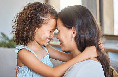 Buy stock photo Smile, embrace and mom on sofa with child for morning bonding, gratitude and support in fun family home. Love, mother and daughter on couch with happy hug, care and connection in living room together