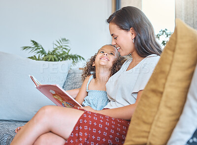 Buy stock photo Mother, girl and reading fiction in home, learning language and support education in living room. Mama, daughter and helping kid with fantasy book on couch, magical literature and bonding together