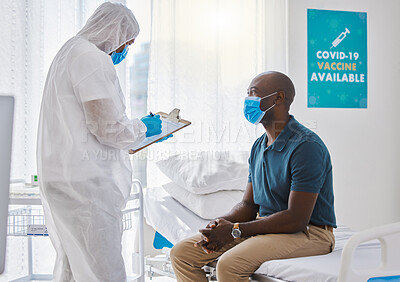 Buy stock photo Consulting, doctor and patient with pandemic, writing and test results with feedback, healthcare and face cover. Regulations, policy and medical with professional, info or man with mask or corona