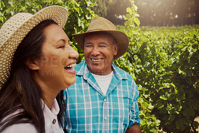 Buy stock photo Mature couple, laughing and love on vineyard for countryside travel, agriculture and funny conversation. People, trust and bonding together for village adventure, morning routine and vacation on farm