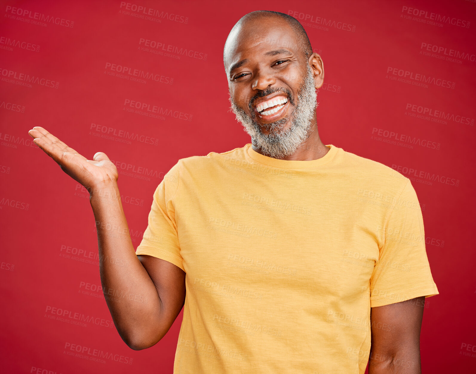 Buy stock photo Black man, studio background and presentation with hand gesture on portrait for fashion announcement and promotion. Mature man, smile and happy with news for discount, deal and offer with advertising