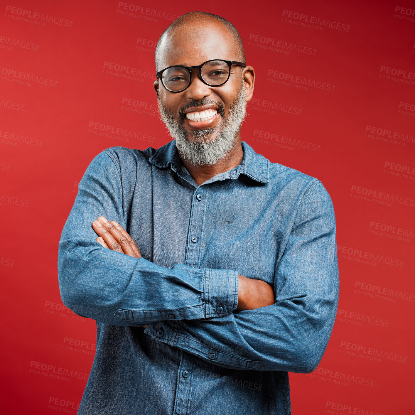 Buy stock photo Portrait, black man and glasses with confidence in studio for optometry, lens prescription and vision. Mature, person and arms crossed with medical eyewear, eyesight and treatment on red background