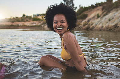 Buy stock photo Portrait, lake and black woman with smile, vacation and travel with nature, weekend break and calm. African person, outdoor and girl with water, happiness and swimming with joy, summer holiday or fun