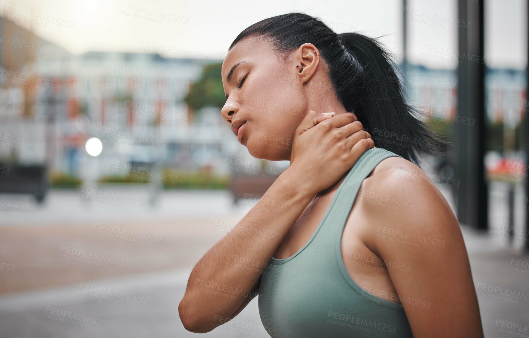 Buy stock photo Neck pain, fitness and woman in city for workout with muscle sprain for bad posture in running. Sports, injury and female athlete with nerve compression for cardio exercise or race training in town.