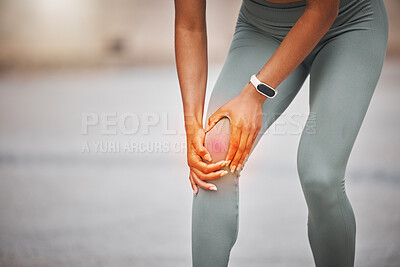 Buy stock photo Knee pain, fitness and woman with red glow in city for muscle sprain with running exercise. Sports, injury and female athlete with nerve compression in leg for cardio workout or race training in town