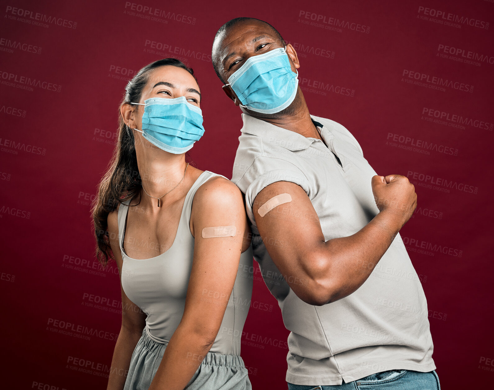 Buy stock photo People, laughing and face mask for vaccine in studio, healthcare compliance and medical insurance. Patient, strong muscle and plaster treatment for virus injection, medicine safety and red background