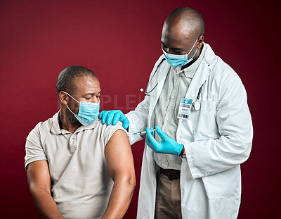 Buy stock photo Covid vaccine, needle and African doctor with black man, health or wellness for pandemic safety. Patient, protection and drug for corona, risk control or disease treatment on red background in studio