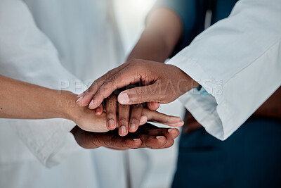 Buy stock photo Doctors, hands and stack in hospital for healthcare, teamwork support and synergy. People, medical group and huddle in clinic for collaboration, diversity and trust with solidarity for surgery