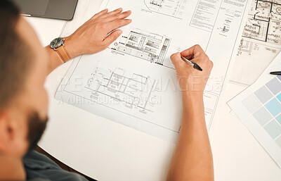 Buy stock photo Office, architecture and person with blueprint for drawing, planning or project management for business. Career, employee and man architect by above with floor plan, building design or sketch process