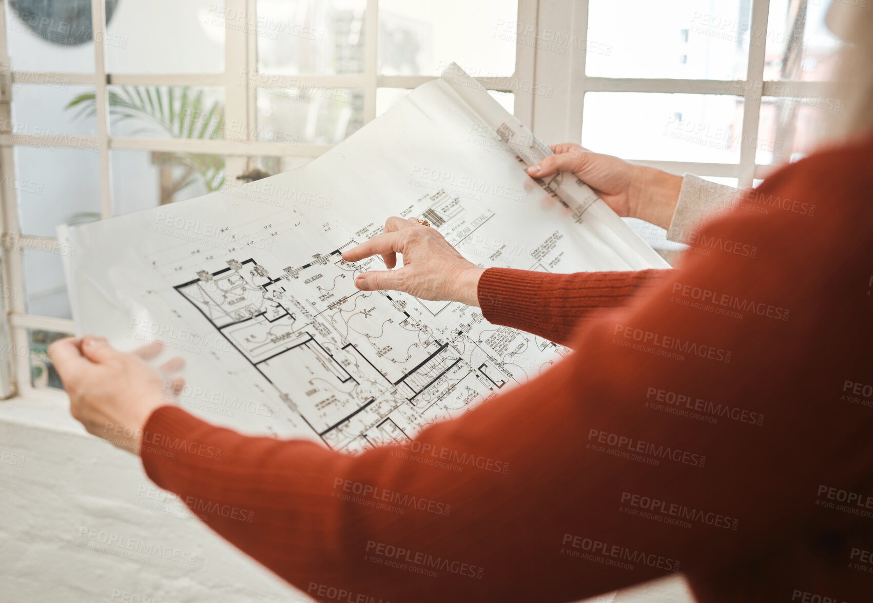 Buy stock photo Office, hands and business people with blueprint for architecture, planning and project management. Collaboration, employees and architect team with solution for floor plan, building design and ideas