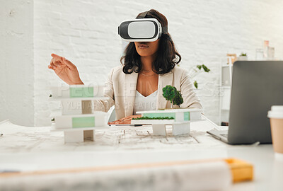 Buy stock photo Woman, architect and vr goggles with model, design and 3d vision for real estate with tech in metaverse. Person, augmented reality and click with blueprint, buildings or futuristic property at office