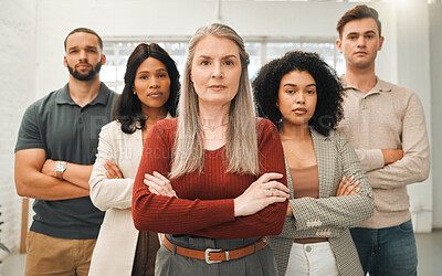 Buy stock photo Business people, portrait and arms crossed in office for solidarity, leadership and teamwork. Employees, group united and workplace for collaboration pride, company mission and manager for diversity