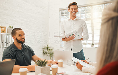 Buy stock photo Presentation, discussion and team of business people in office for planning artistic project for startup. Laughing, collaboration and professional creative directors with company insights together.