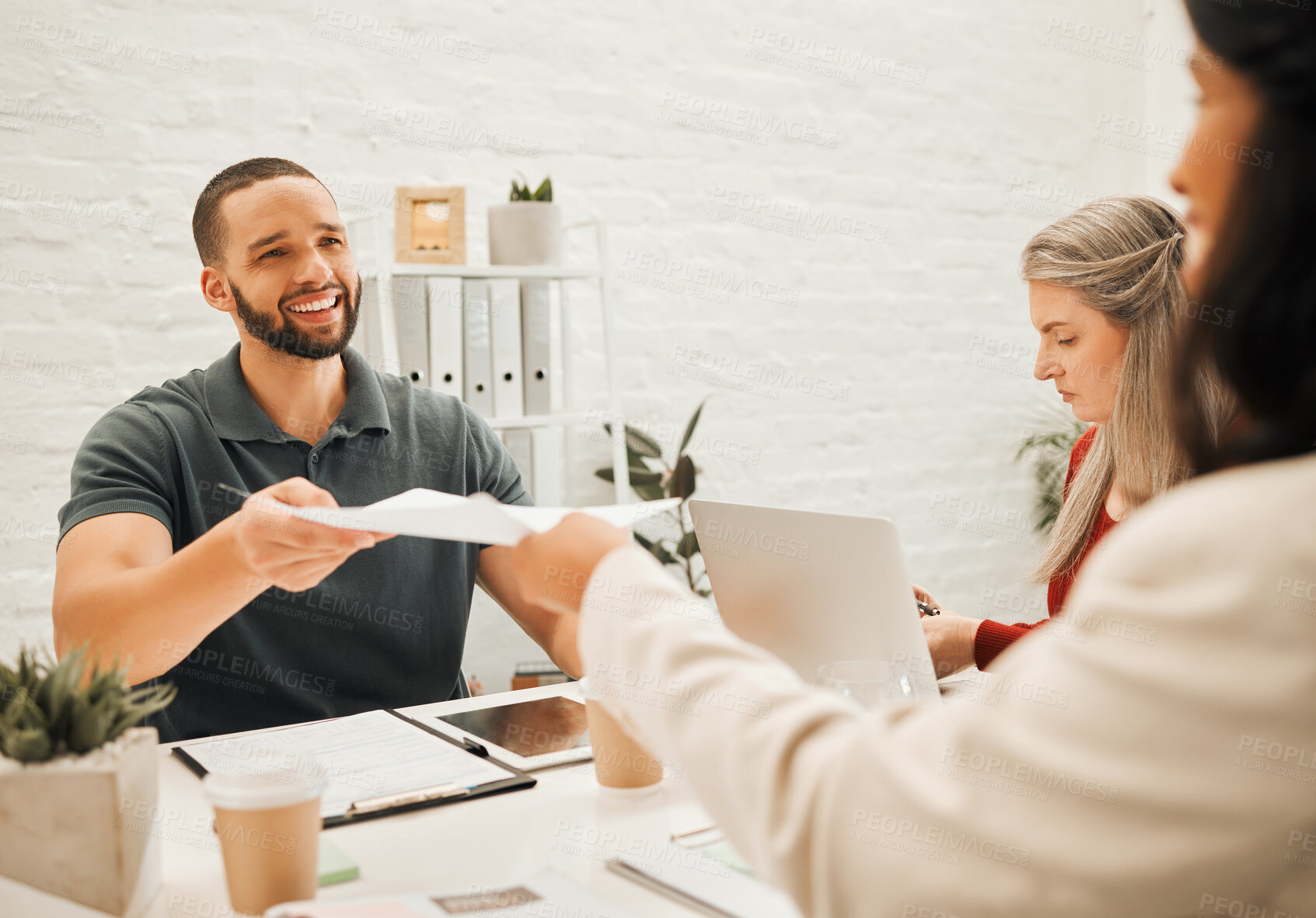 Buy stock photo Happy, business people or meeting with documents for project, contract or brief at office. Man, woman or creative employees with smile, paper or offer for job, task or career opportunity at workplace