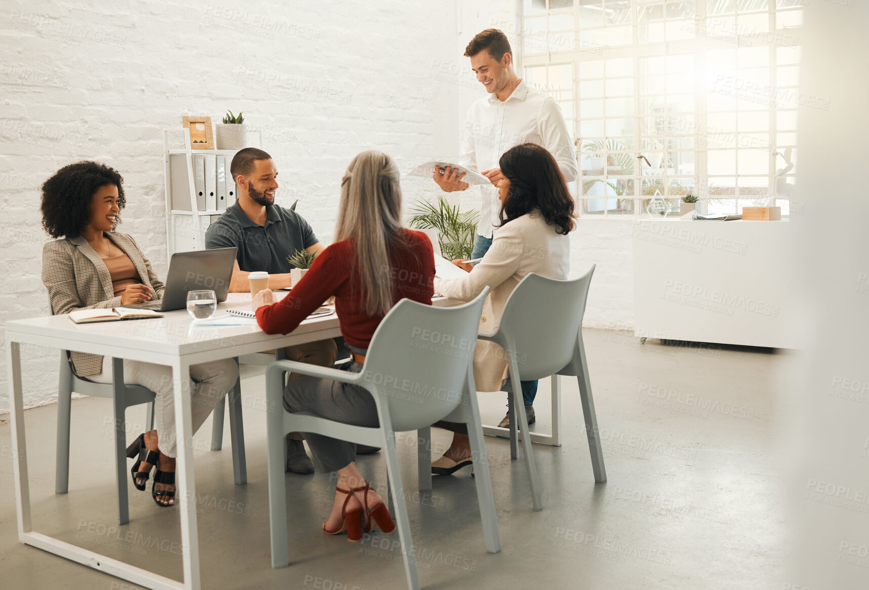 Buy stock photo Presentation, meeting and team of business people in office for planning creative project for startup. Discussion, collaboration and professional graphic designers with company insights together.