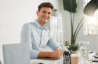 Buy stock photo Businessman, notebook and portrait with notes, creative agency and ideas for solution or brainstorming. Guy, entrepreneur and brand consultant with project, proposal and online startup for office