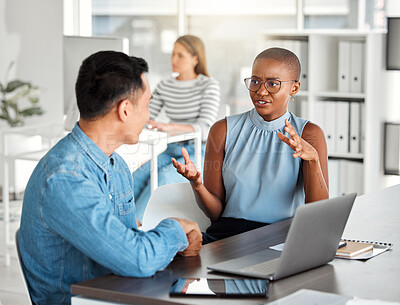 Buy stock photo Office, man and woman at laptop for planning, ideas and collaboration together in coworking space. Proposal, development and business people at digital agency for meeting, teamwork and mentorship