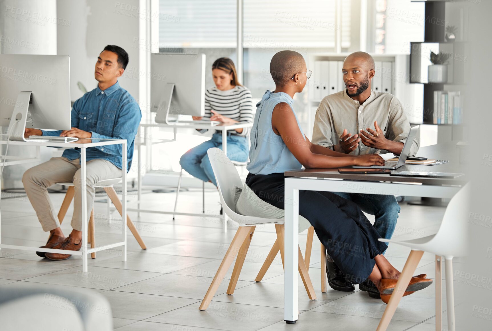 Buy stock photo Office, man and woman at laptop for conversation, ideas and collaboration together in coworking space. Proposal, development and business people at digital agency for meeting, teamwork and management