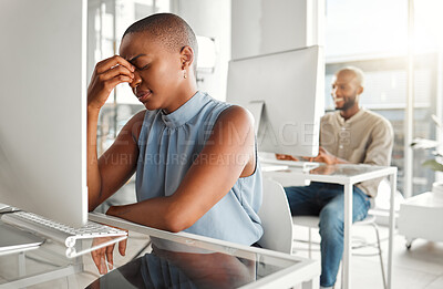 Buy stock photo Black woman, headache and stress with vertigo on computer at office for mistake, debt or pressure. Frustrated African, female person or tired employee with migraine, dizziness or anxiety at workplace