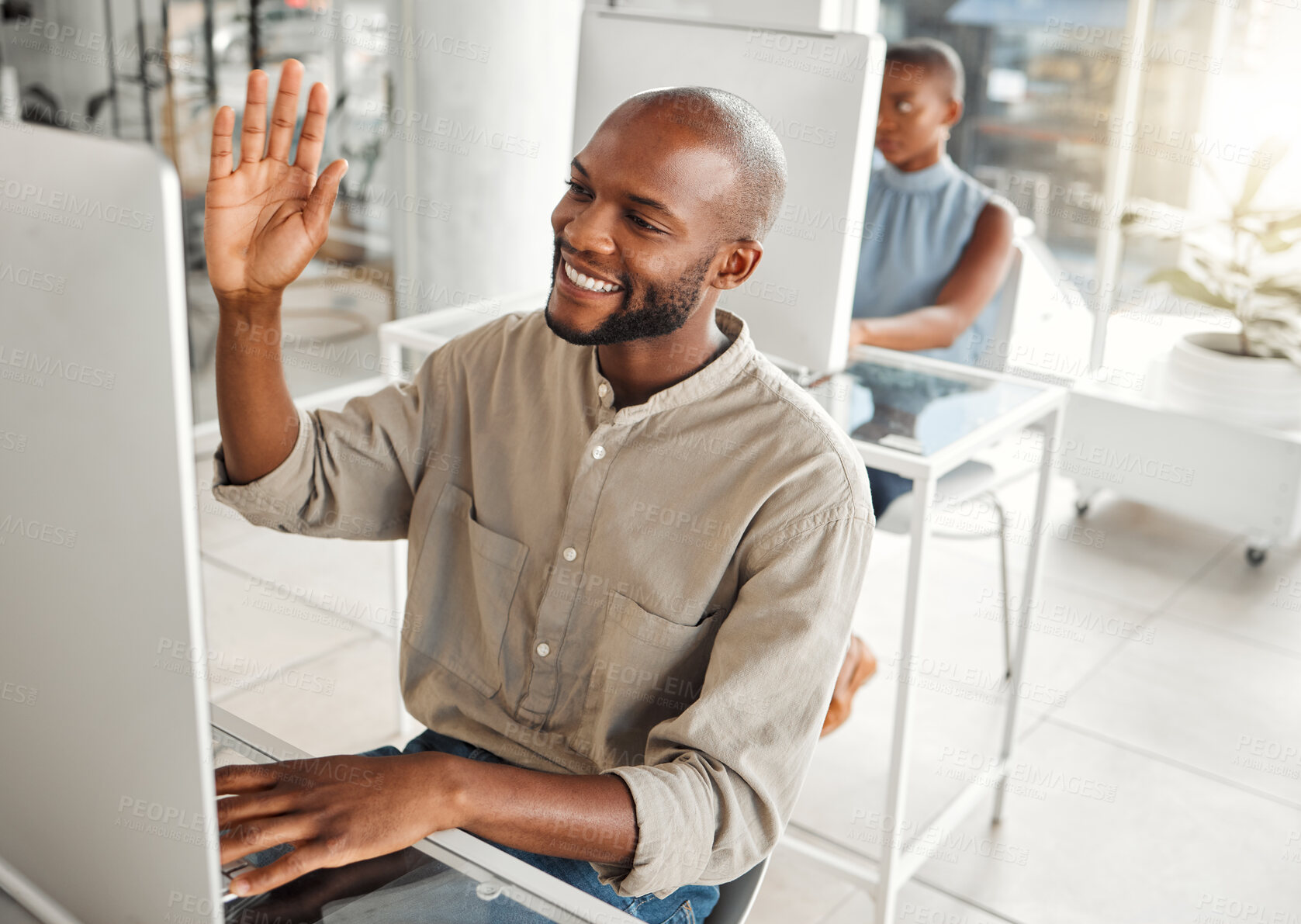 Buy stock photo Happy, black man or wave with video call on computer for virtual meeting, greeting or communication at office. Young African, male person or consultant talking with smile for online chat at workplace