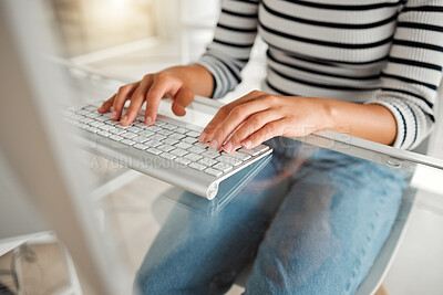 Buy stock photo Hands, business and person typing on keyboard in office for editing story, communication and email feedback, Woman, computer and networking for agenda, review article and copywriting report of update