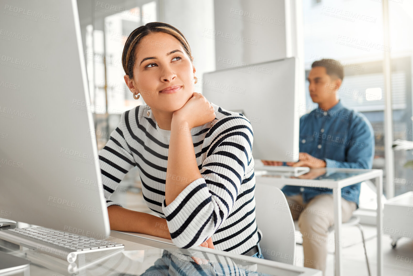 Buy stock photo Office, thinking and woman with computer at desk for information technology, system and server update. Programming, business and developer with idea for backend development, solution and debugging