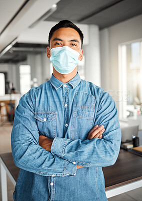 Buy stock photo Portrait, mask and business man with arms crossed in creative startup for ghostwriter. Confidence, ppe or employee work in office for health, virus safety or covid protection for prevention in Brazil