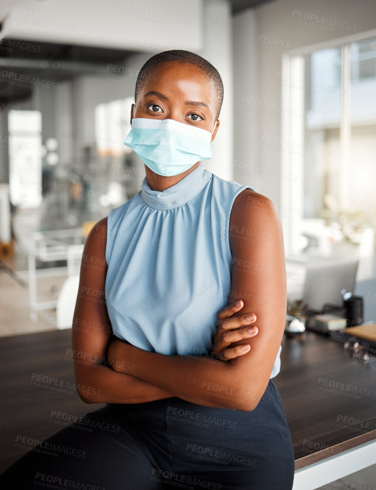 Buy stock photo Portrait, mask and black woman with arms crossed in business startup for creative ghostwriter. Confidence, ppe and employee work in office for health, virus safety or covid protection in Zimbabwe