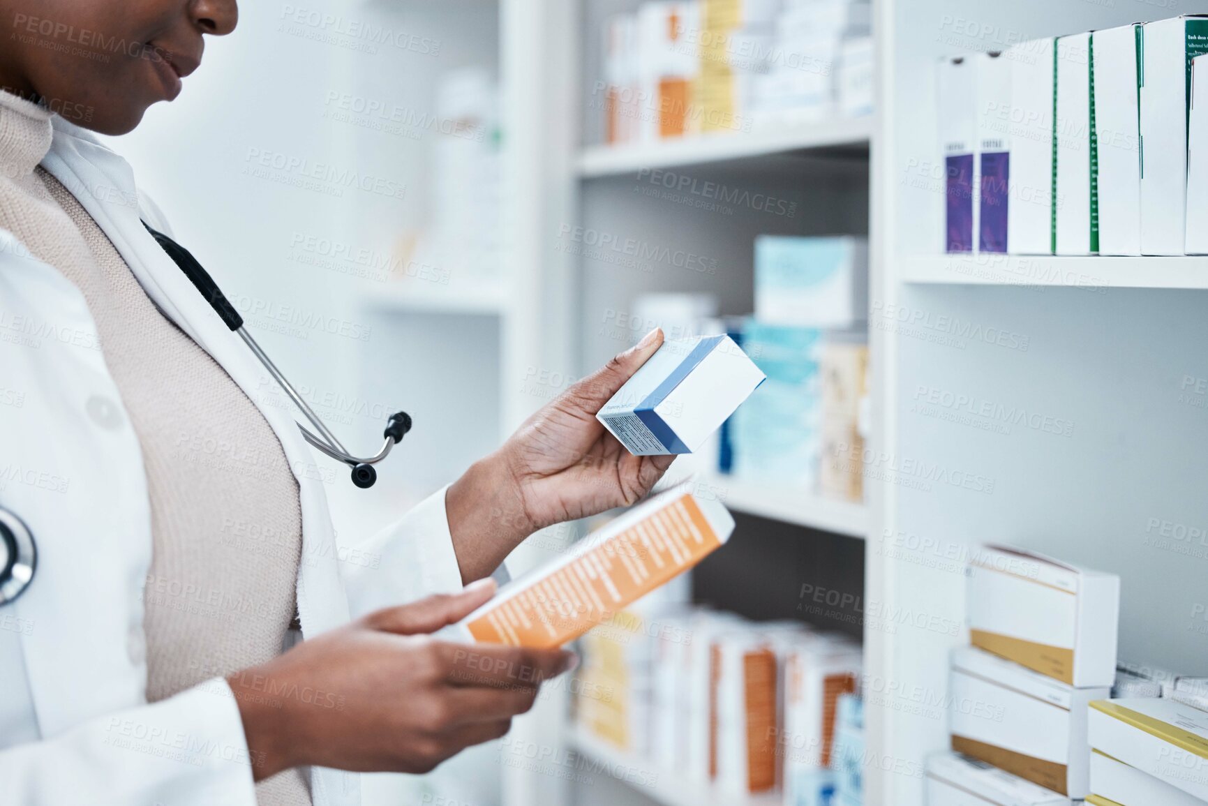 Buy stock photo Black woman, pharmacy and choice with box, medicine and decision with prescription for healthcare. Pharmacist, drugs and pharmaceutical pills for health, wellness or medical store with stock on shelf