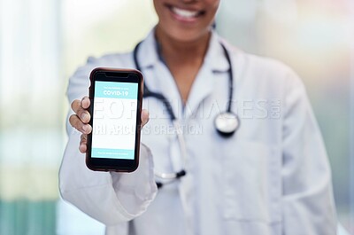 Buy stock photo Doctor with QR code for healthcare or covid test results on contactless technology on mobile cellphone online. Hand, smartphone and woman medical or medicine professional with electric registration