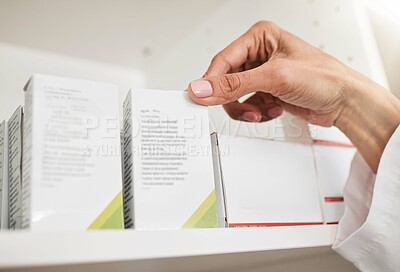 Buy stock photo Person, pharmacist and hands with box on shelf for inventory inspection or checking stock at pharmacy. Closeup of medical or healthcare worker with pills, medication or pharmaceutical at drugstore