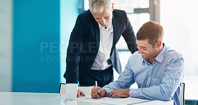 Buy stock photo Men, office and sign contract for recruitment with smile for opportunity, deal and start career at agency. Human resources, manager and employee with documentation for hiring with signature for job